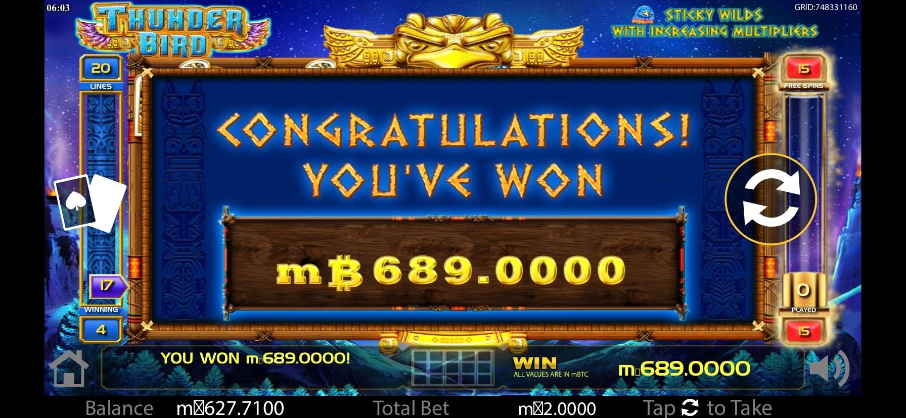 Huge win on Thunder Bird slot at mBitcasino!