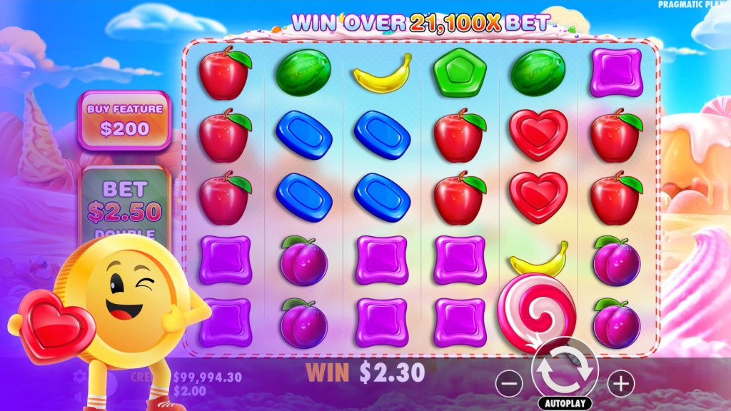 mBitcasino's Mr. Bitty winking whle playing Sweet Bonanza from Pragmatic Play