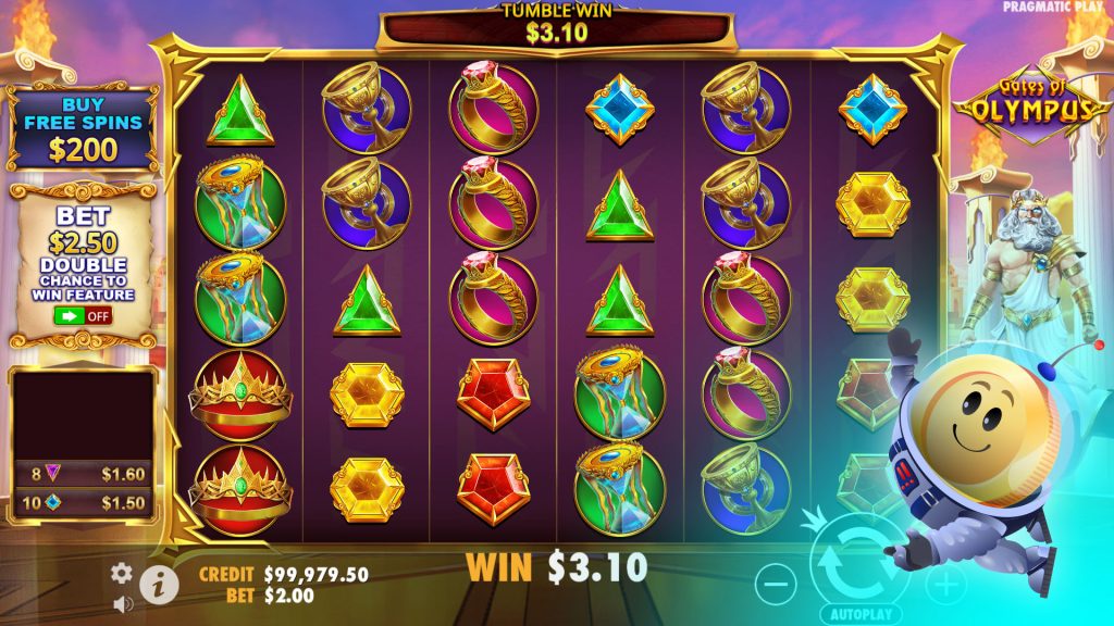 mBitcasino's Mr. Bitty playing Gates of Olympus from Pragmatic Play, while in a space suit.