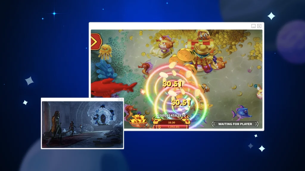  Game screen with colorful underwater creatures, coins, and a glowing '$0.51' display. A red fish swims in the background.