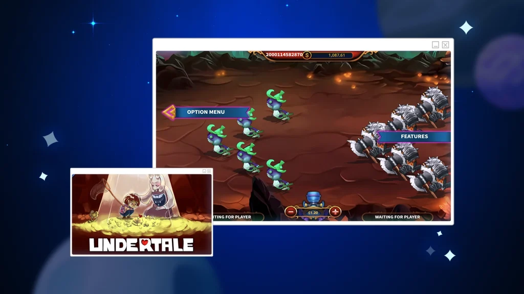 Game screen showing two rows of green and gray monsters in a fiery setting. 'Option Menu' and 'Features' buttons are visible.