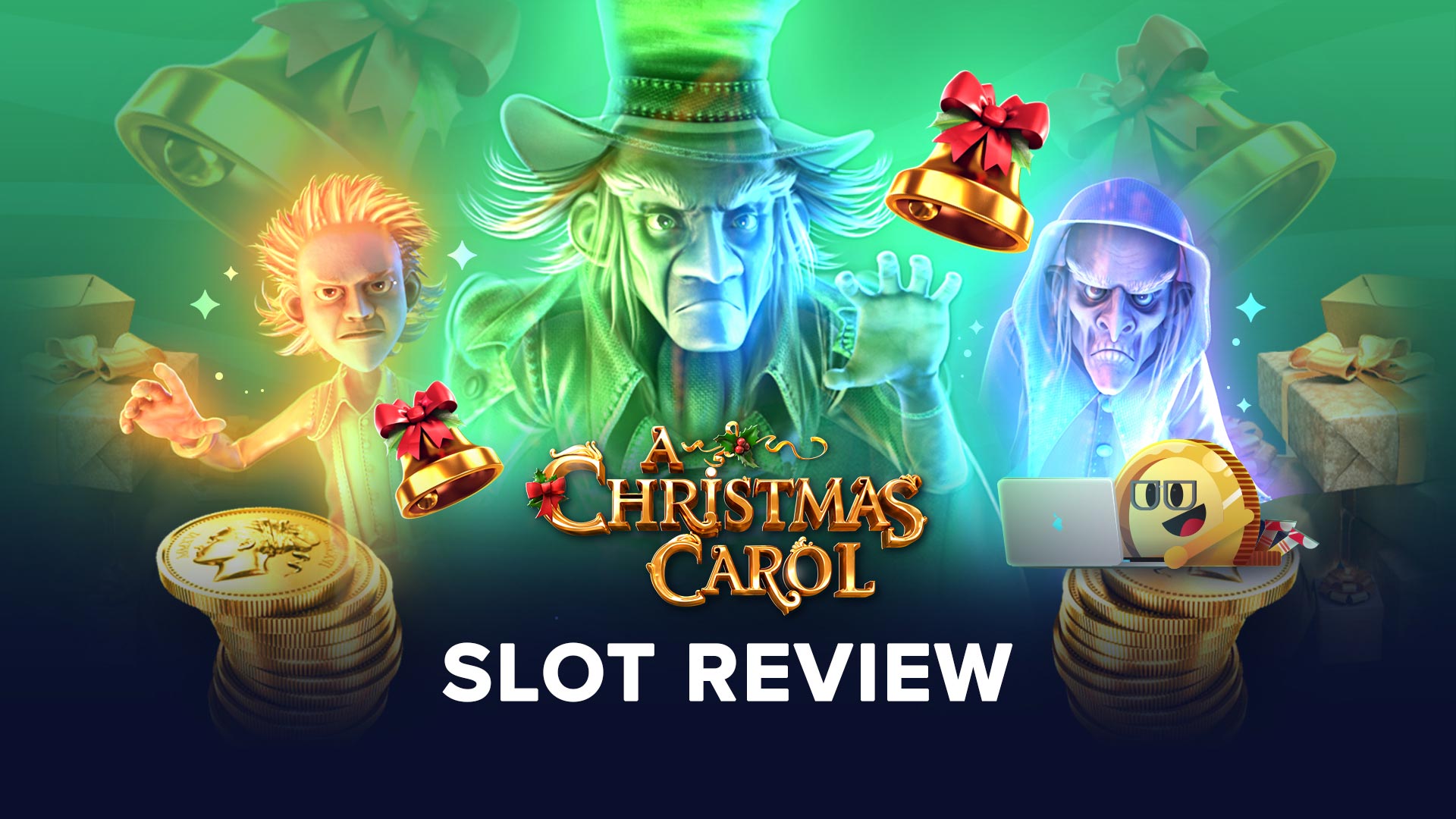 A Christmas Carol slot game screen with Scrooge, festive wild symbols, and glowing Christmas lights for a holiday casino vibe.