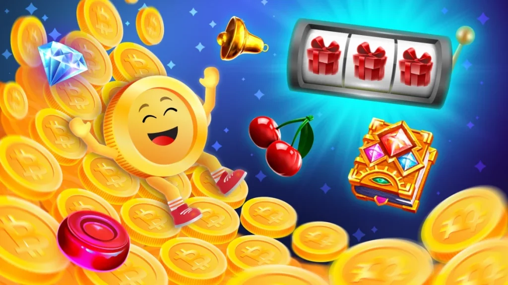 A coin cartoon sliding on a wave of coins surrounded by a slot reel and slot specific icons.