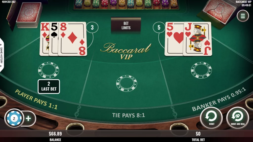 Baccarat VIP game screen displaying a hand of King and Eight of spades against Five of hearts and Jack of hearts, with multiple betting areas on the table.