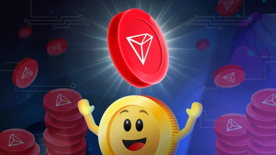 Cartoon coin character with a red crypto-themed coin floating above its head.