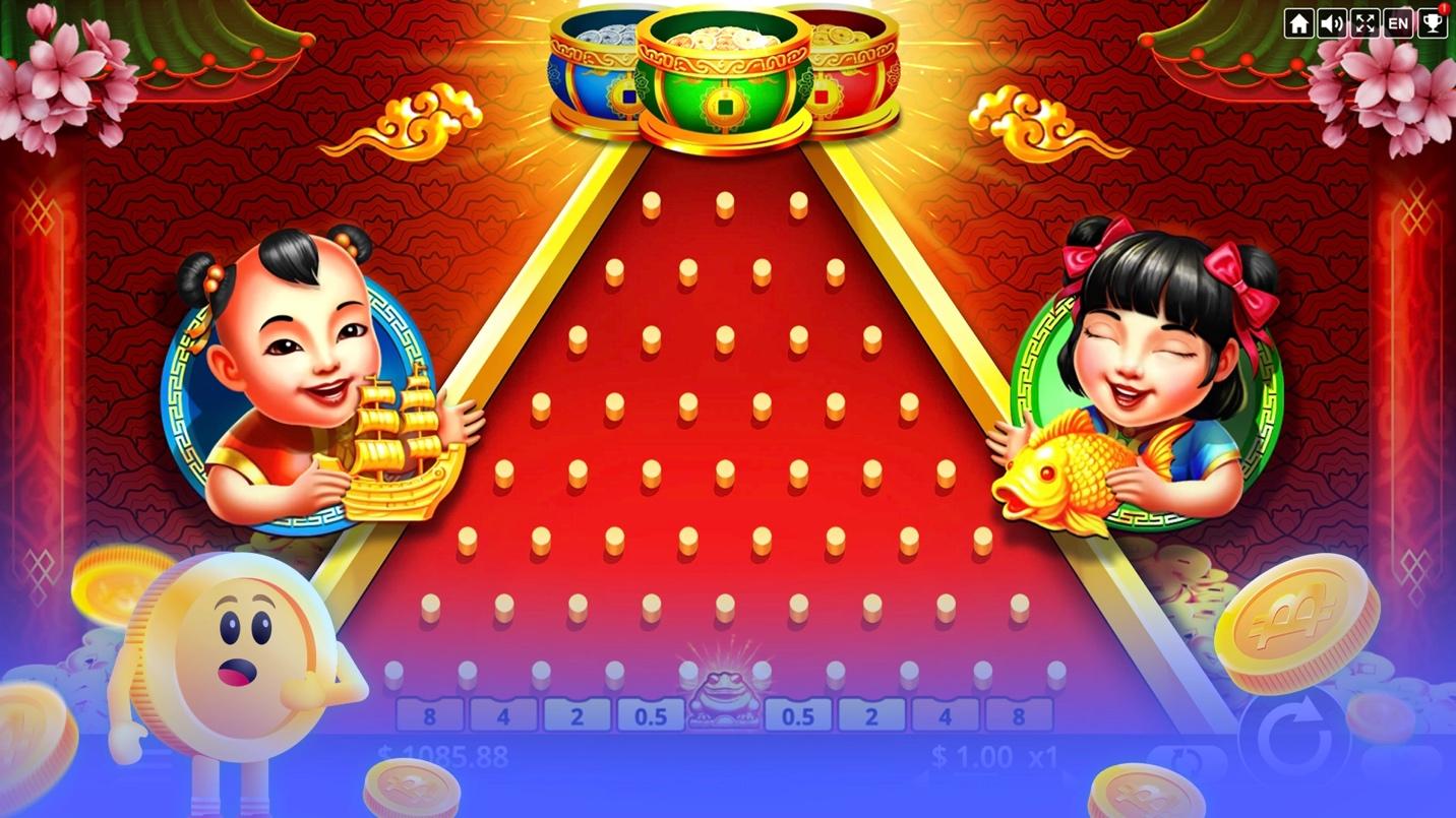 Golden Plinko board with a red background, two smiling characters holding a gold ship and fish, surrounded by gold coins.