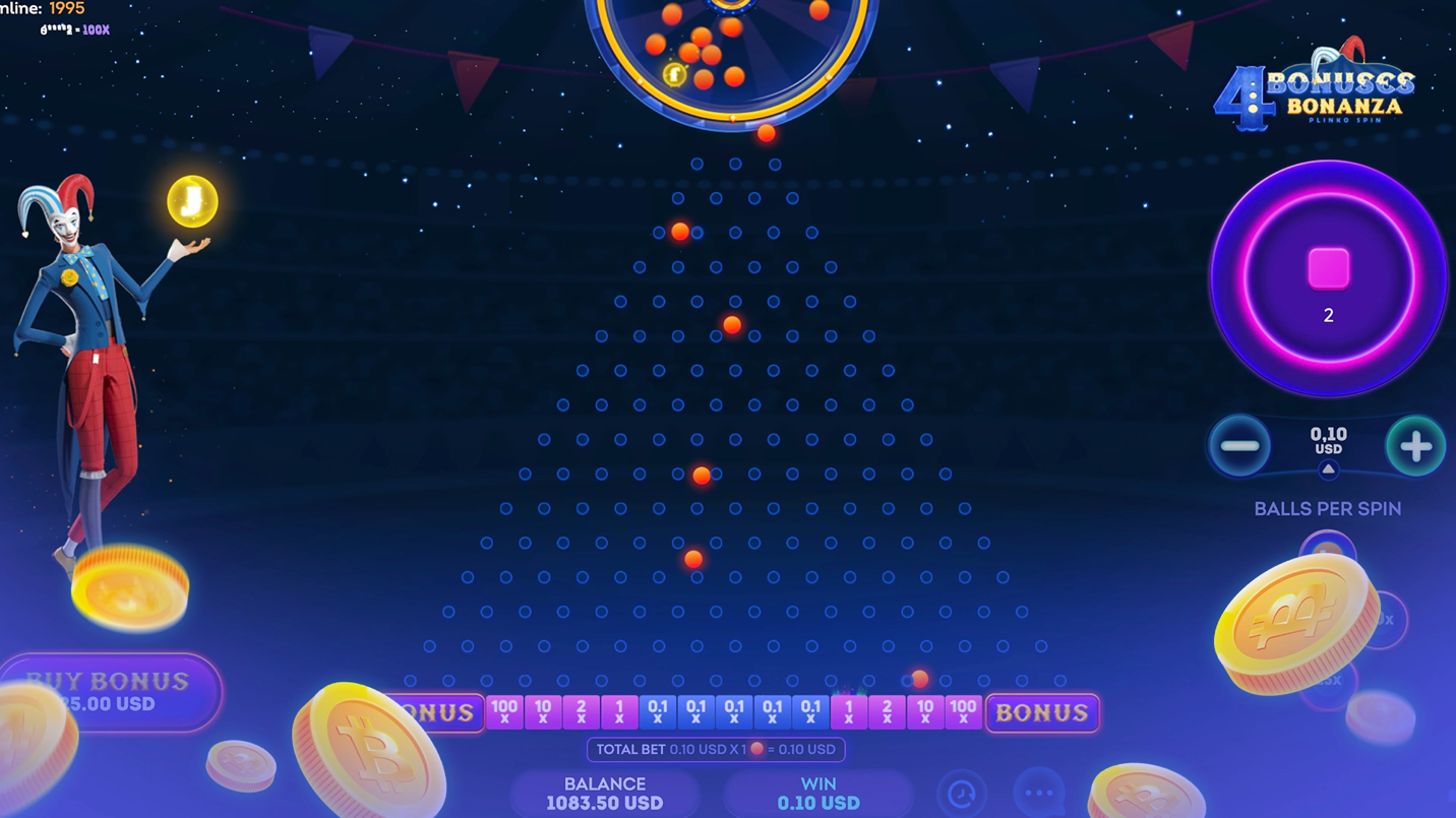 Plinko game screen with orange balls falling down a blue grid, featuring a jester holding a glowing Bitcoin coin.