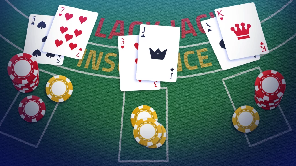 A close-up view of a blackjack table featuring playing cards, red and yellow chips, and the 'Blackjack Insurance' text.