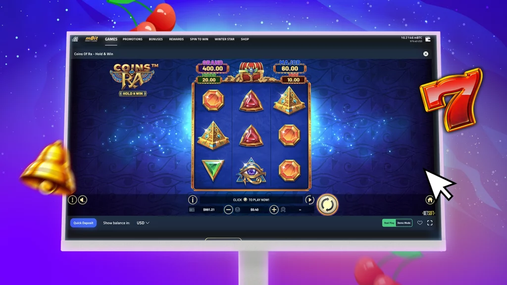 Coins of Ra" slot game interface on a computer screen with vibrant symbols.