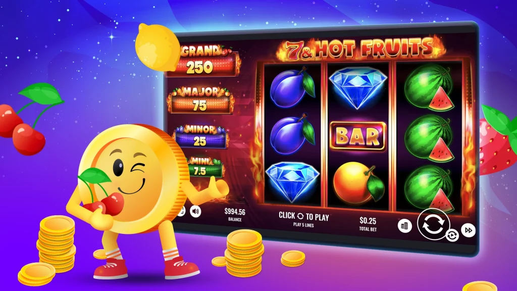 Bitcoin character winking near the "7 & Hot Fruits" slot game on a screen.