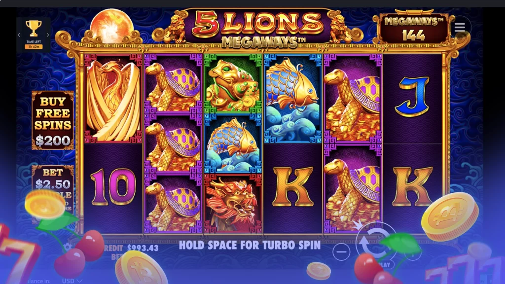 5 Lions Megaways" slot game interface with golden animal symbols.