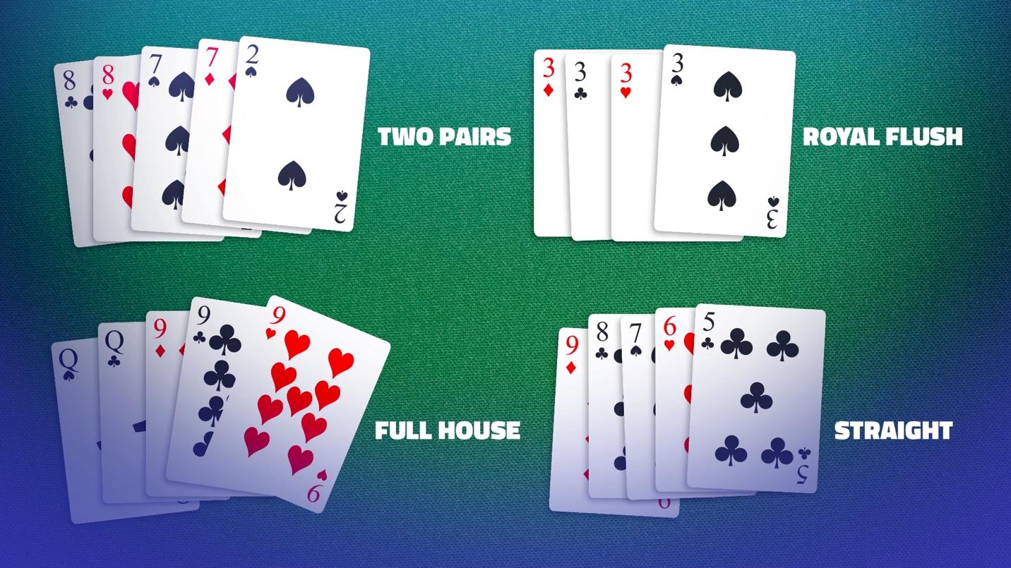 Four poker hands: two pairs, royal flush, full house, and straight on a green background.