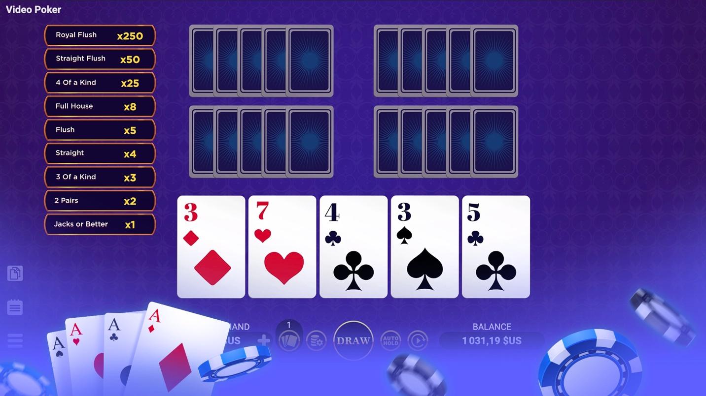 Evoplay video poker screen with a payout table listing multipliers for winning hands, cards dealt, and chips on a table.