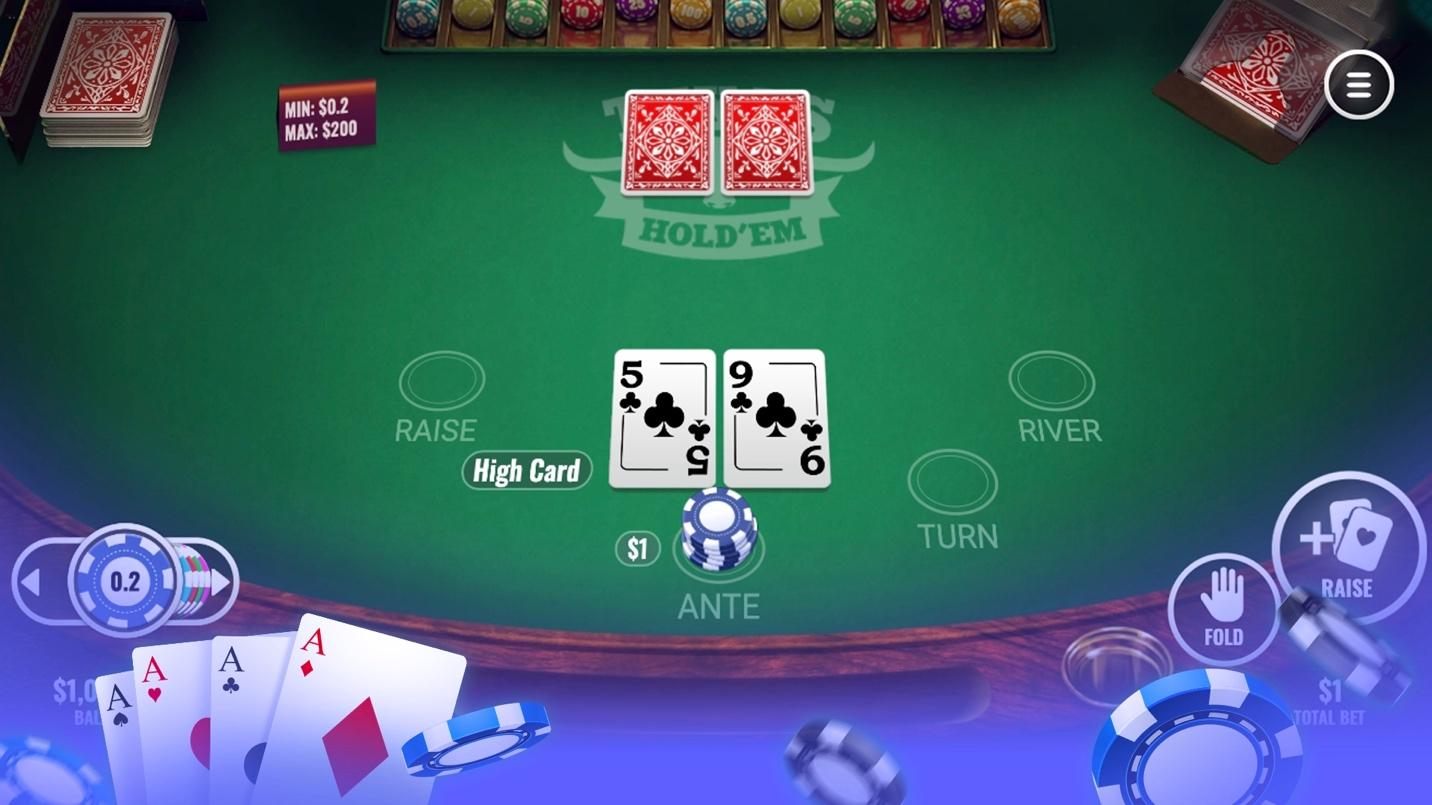 Texas Hold'em game interface with cards, chip stack, and dealer options like "Raise," "Fold," and "River.