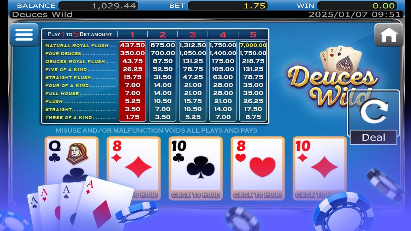 Deuces Wild poker game with payout chart showing rewards for different hands, cards displayed, and 'Deal' button highlighted.