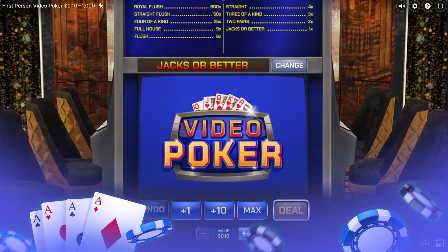 First-person video poker interface featuring a 'Jacks or Better' machine, payout table, and seating area with a vibrant blue screen
