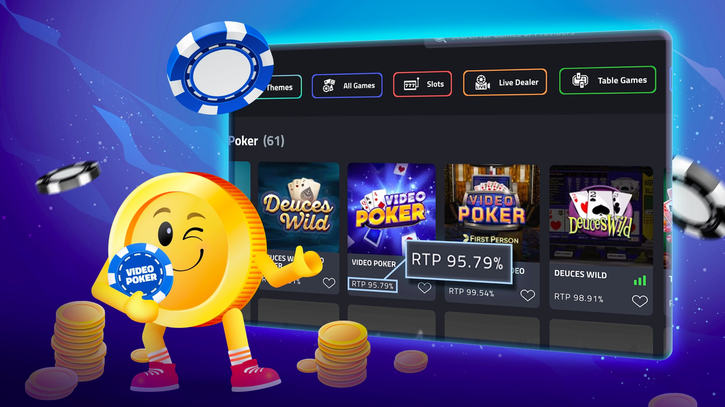 Gold Bitcoin character holding a video poker chip near a screen showing video poker options.