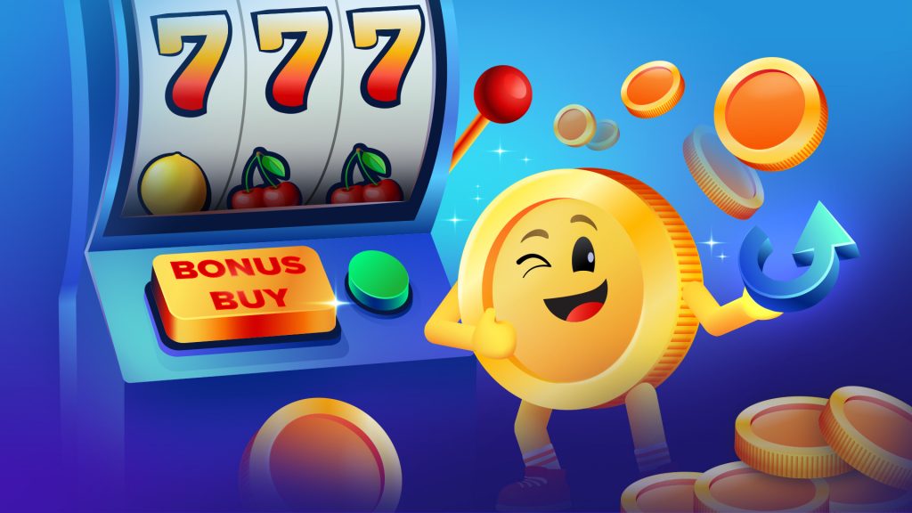 A Bitcoin character playing slots