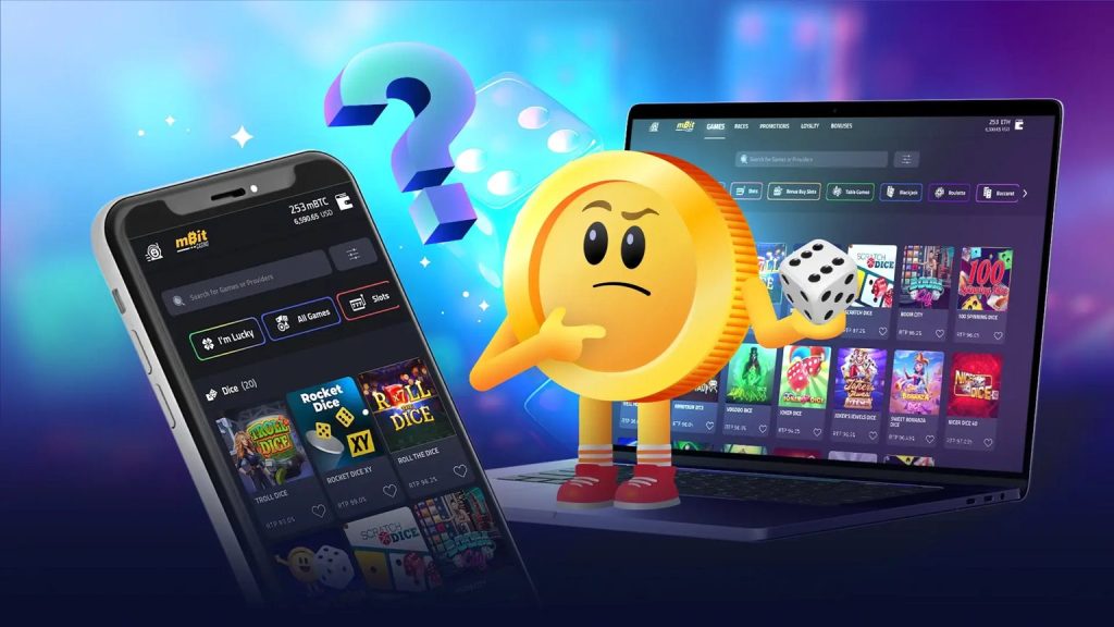 Cartoon coin character holding dice and looking skeptically at a mobile phone while standing on a laptop