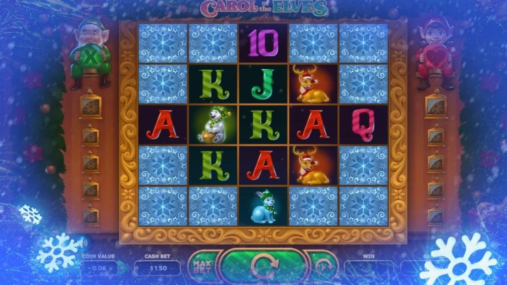 Slot game interface featuring elves and festive symbols like reindeer and snowmen, set in a snowy holiday-themed frame.