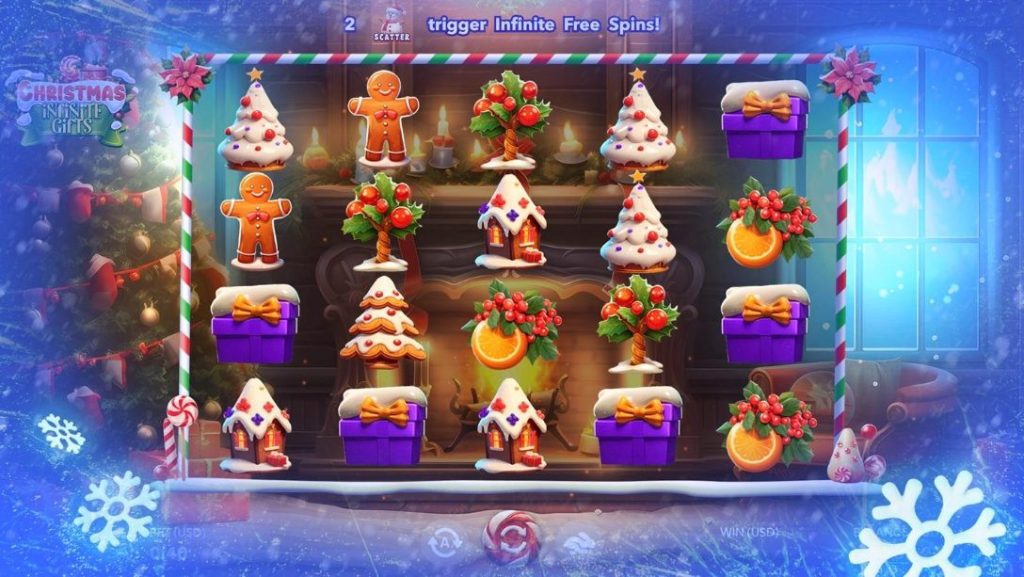 Christmas Infinite Gifts slot game showcasing gingerbread men, Christmas trees, and wrapped presents in a cozy holiday setting.