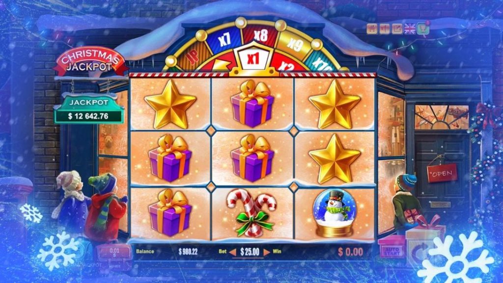 Christmas Jackpot slot game with a festive reel displaying stars, gifts, and candy canes, accompanied by a jackpot wheel at the top.