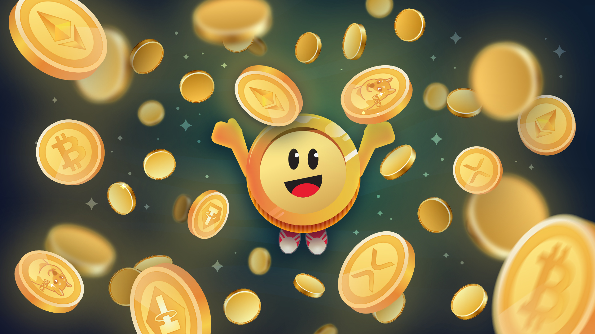 A happy coin mascot surrounded by many crypto coins