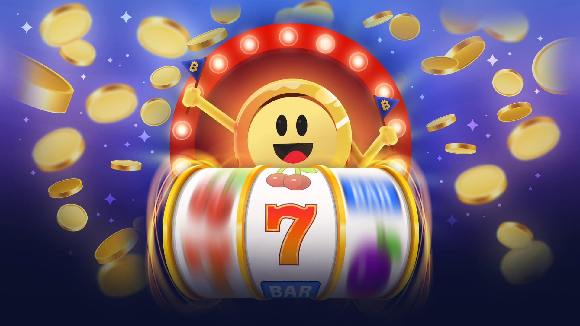 Cartoon coin character playing behind a slot reel as coins burst around