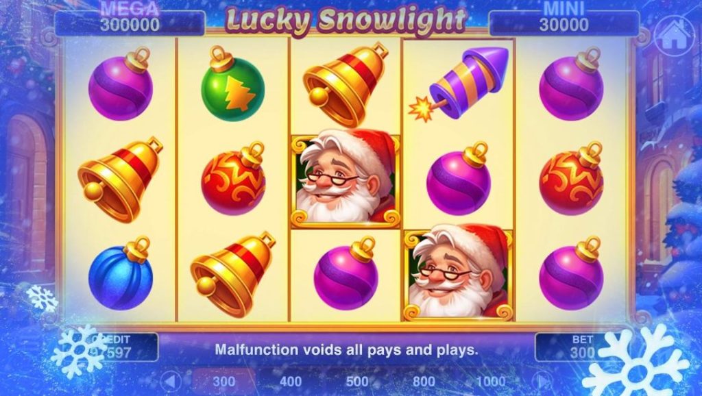 Lucky Snowlight slot game featuring colorful Christmas ornaments, Santa Claus, and festive bells against a snowy backdrop.