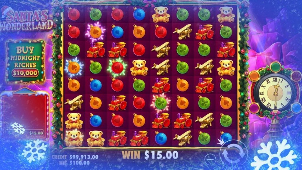 Santa's Wonderland slot game featuring festive icons like teddy bears, toy trains, ornaments, and a decorative clock, set in a vibrant holiday-themed frame.