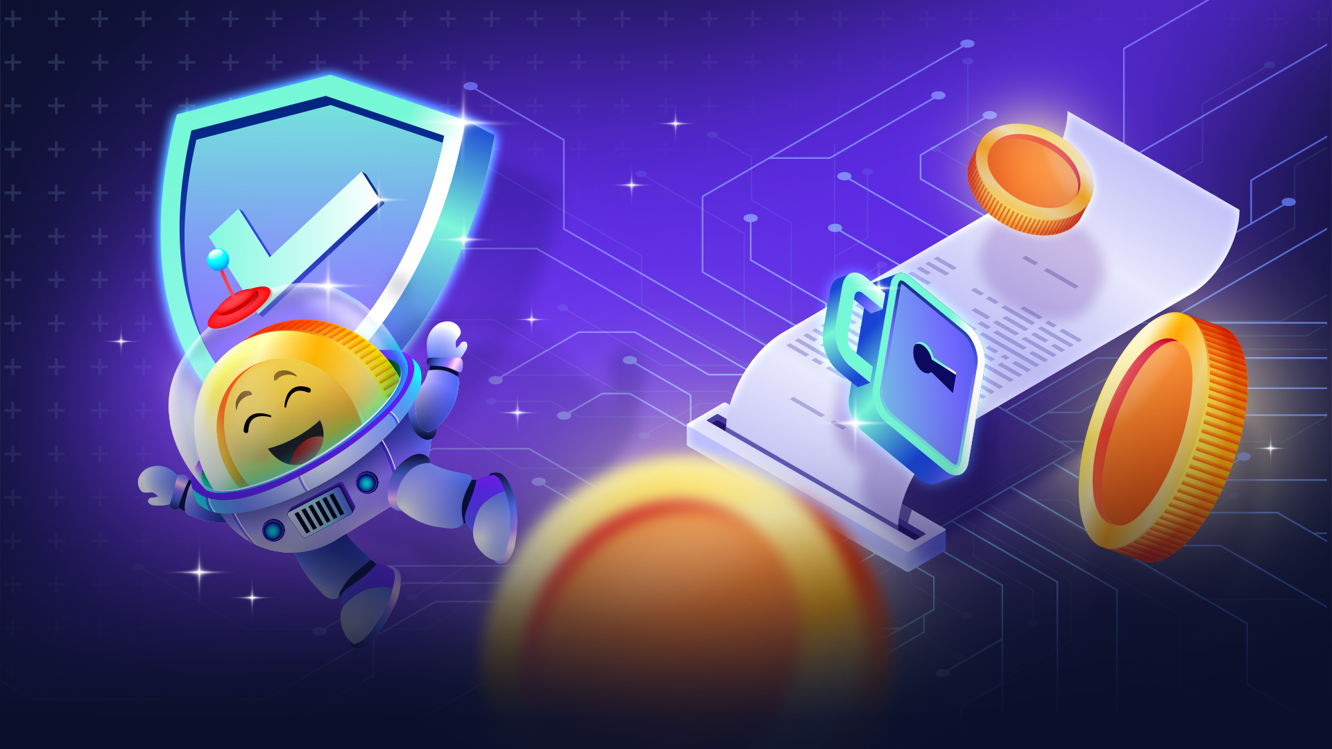 Cartoon coin character holding a security shield icon, beside a document with a lock icon and surrounded by coins.What is two-factor authentication (2FA)