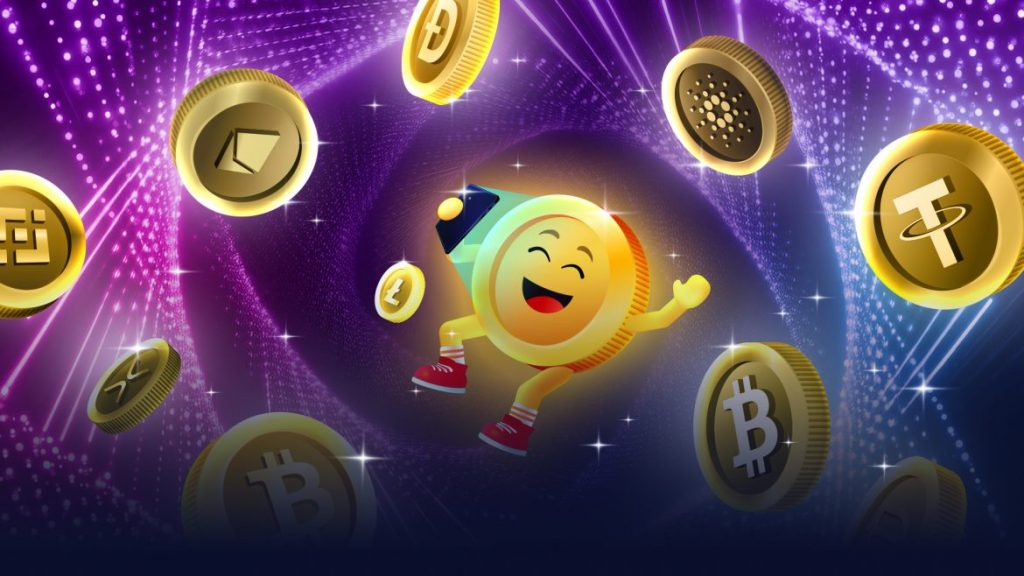 Smiling coin mascot floating happily among crypto coins