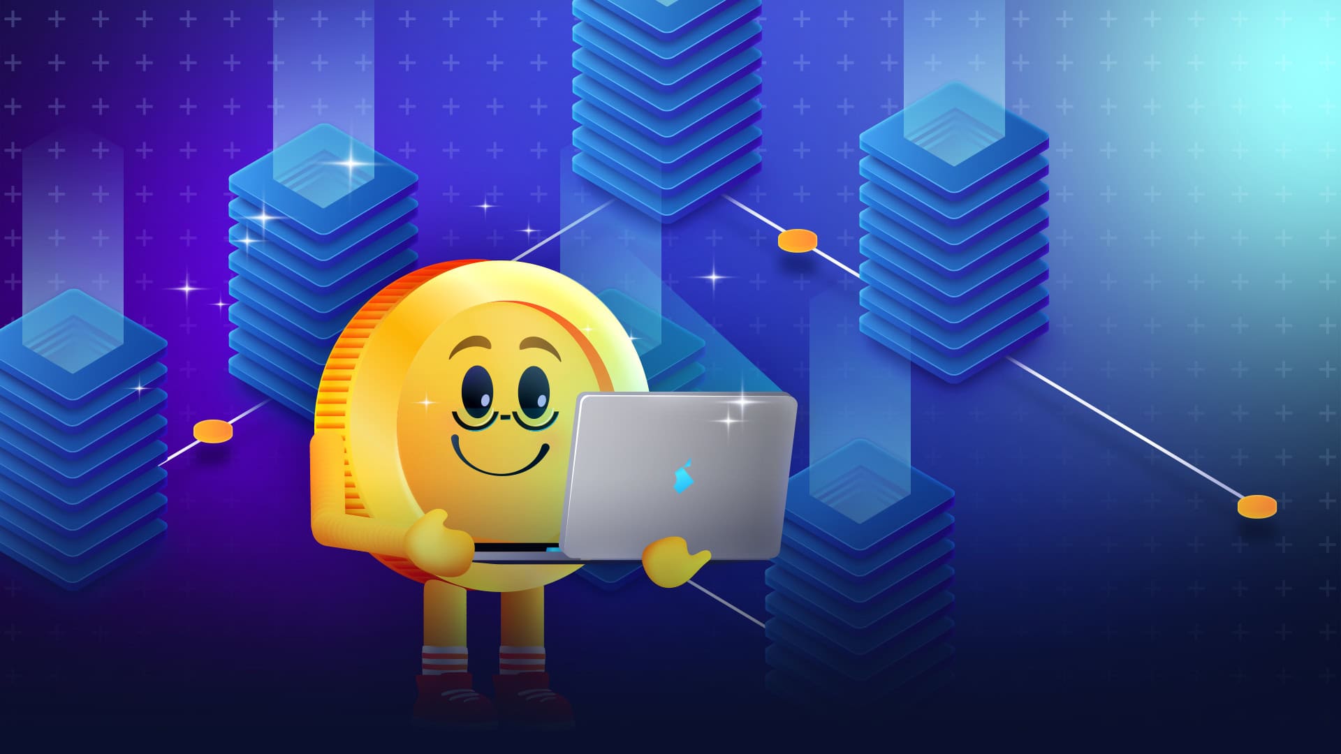 Cartoon coin character holding a laptop and reading, with a blockchain background