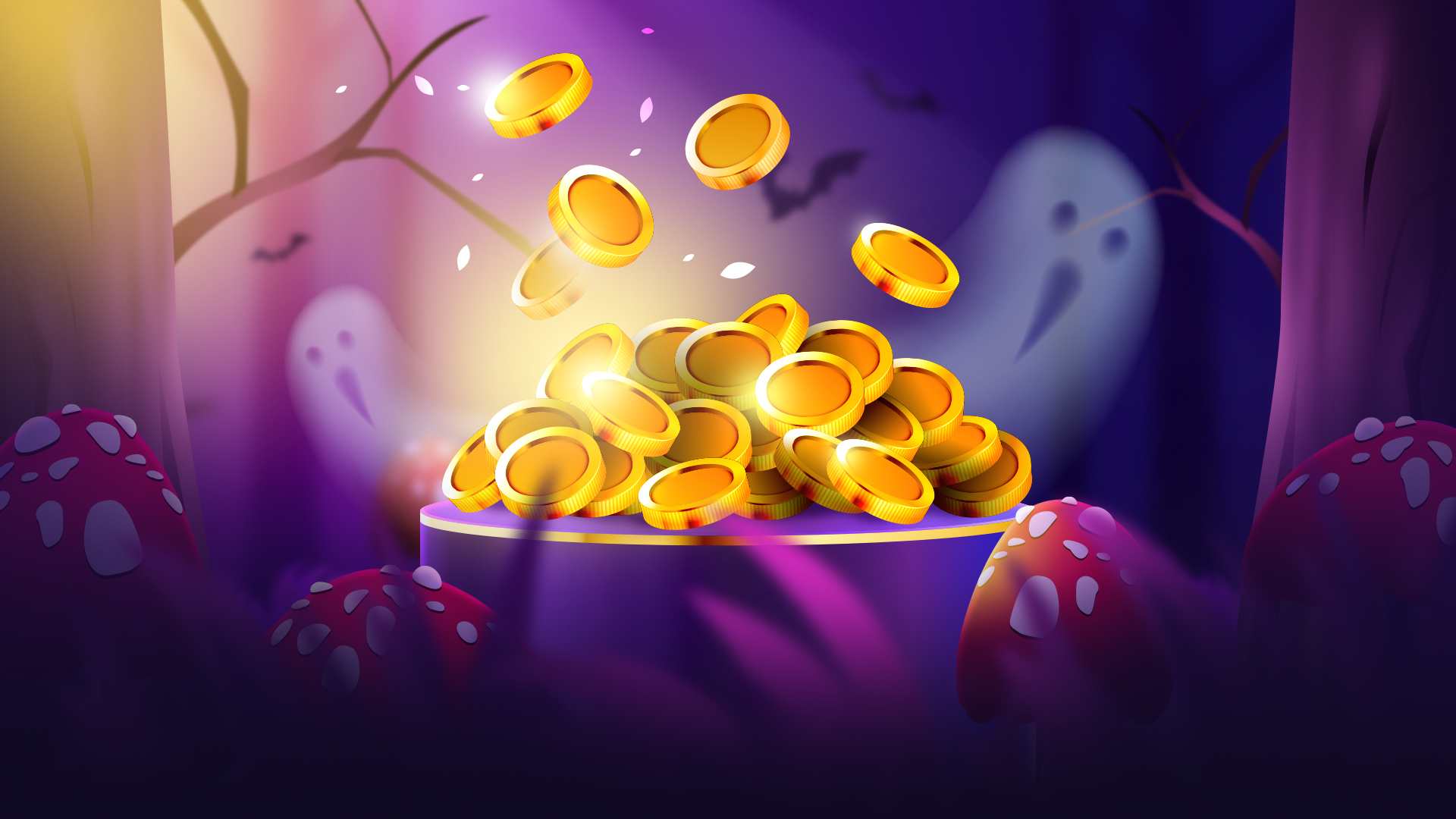 a pile of gold coins with a spooky background