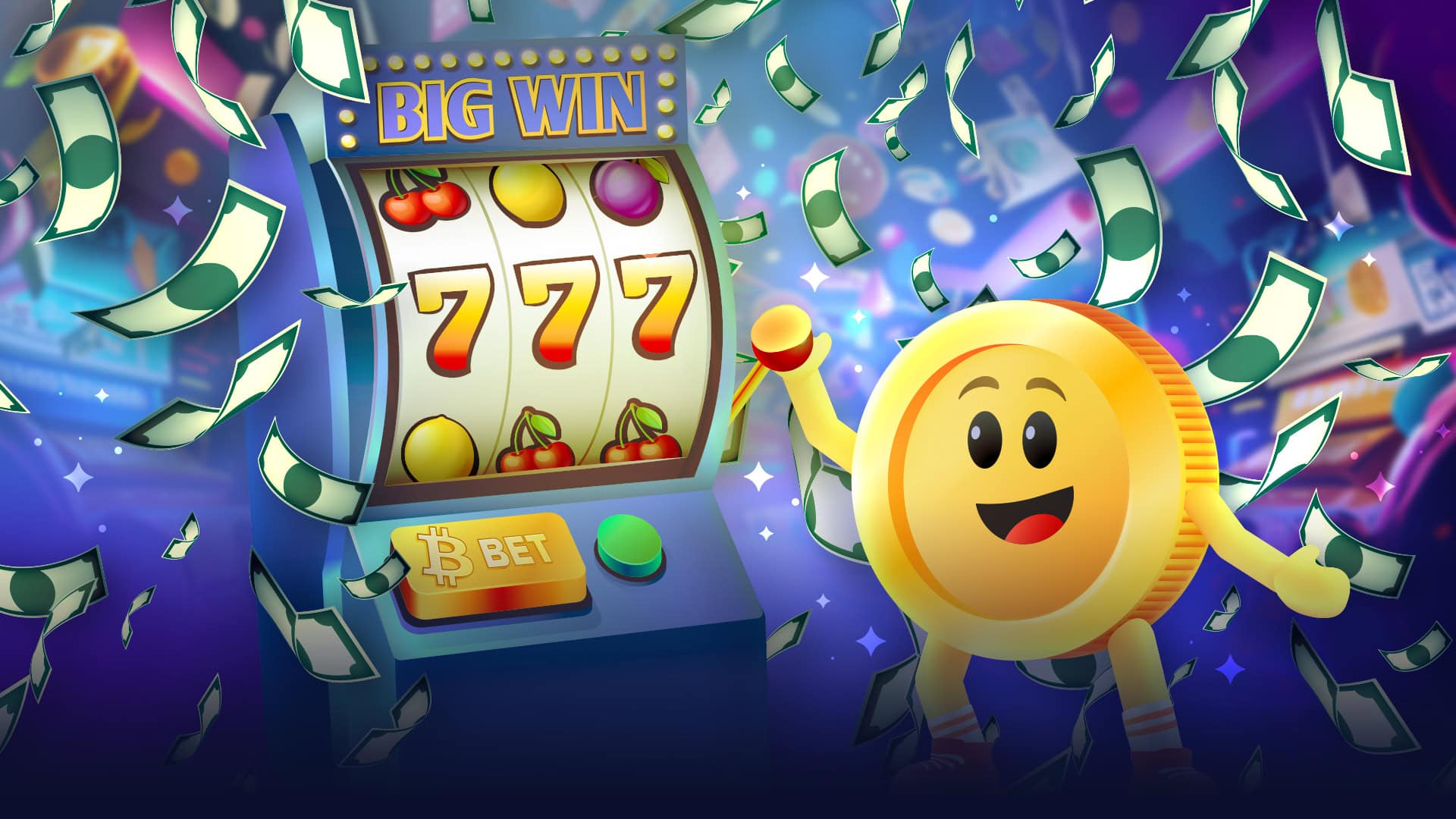 Cartoon coin character playing a slot machine with a big win, surrounded by flying cash and banknotes.