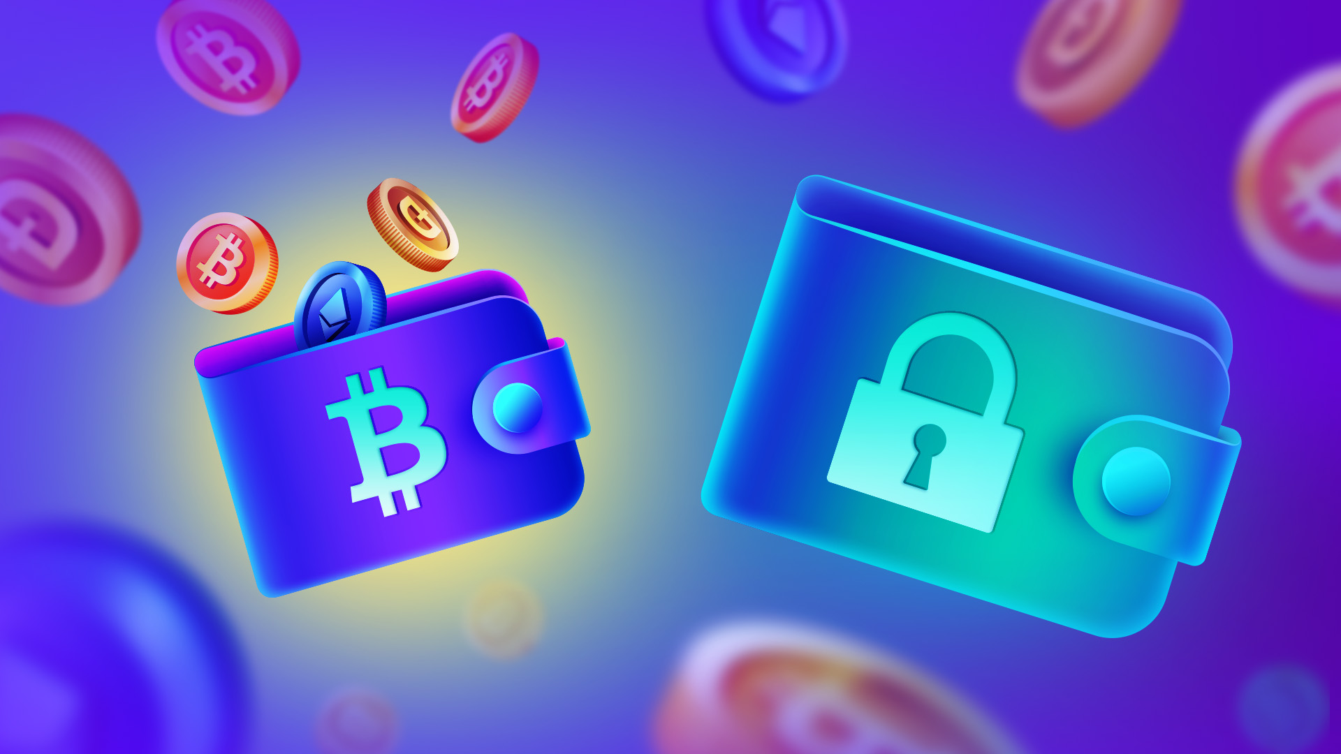 Wallet with Bitcoin logo beside a secured wallet, surrounded by floating coins