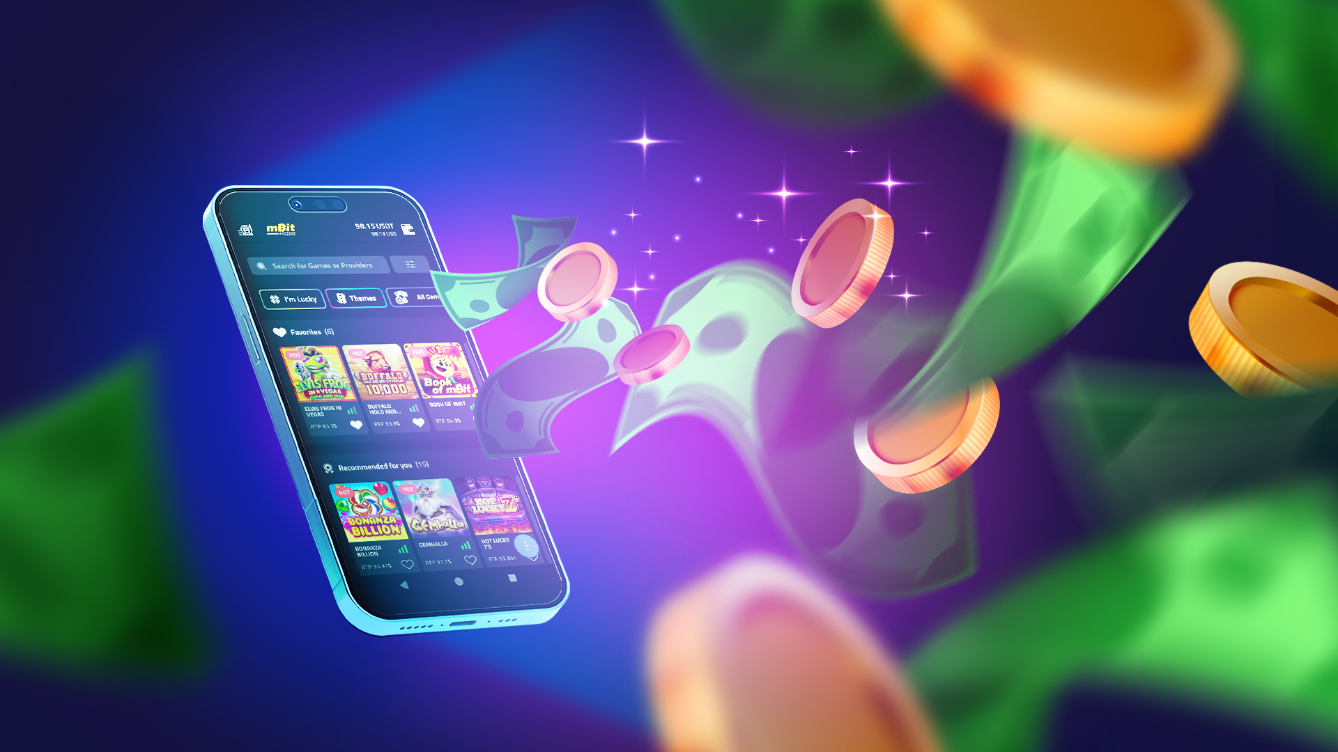 A mobile device with multiple coins and paper currencies coming out of the screen