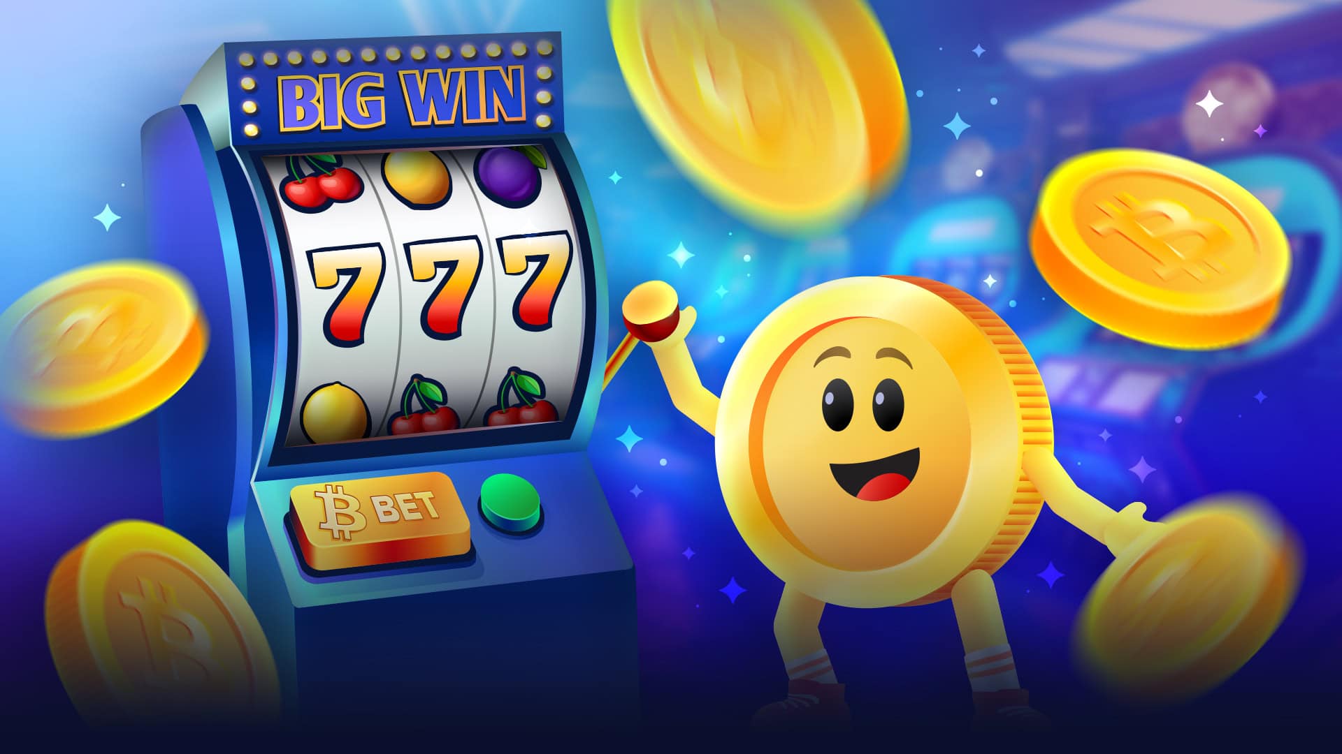 Cartoon coin character playing behind at a slot machine as coins burst around.