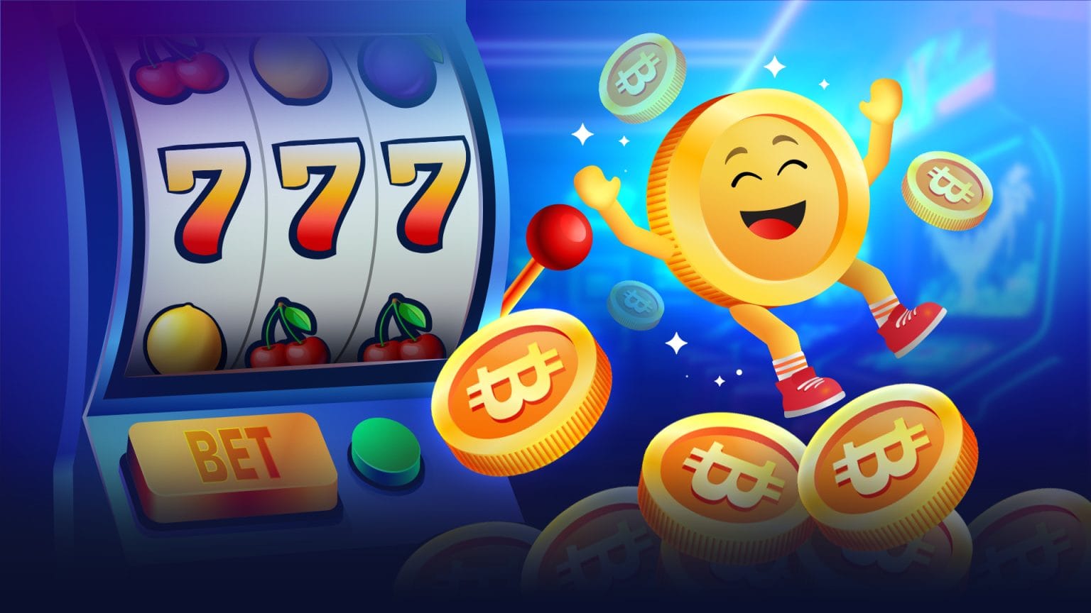 Cartoon coin character sitting on a pile of coins beside a slot reel displaying a winning 777