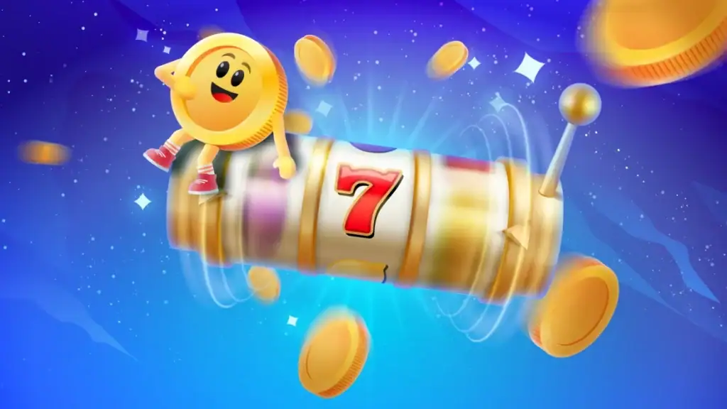Cartoon coin character sitting on a slot reel as coins burst out