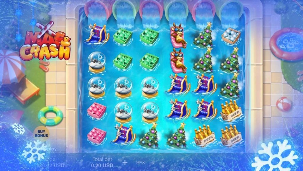 Xmas Crash slot game board with festive icons such as Christmas trees, sleighs, and snow globes on a poolside background.