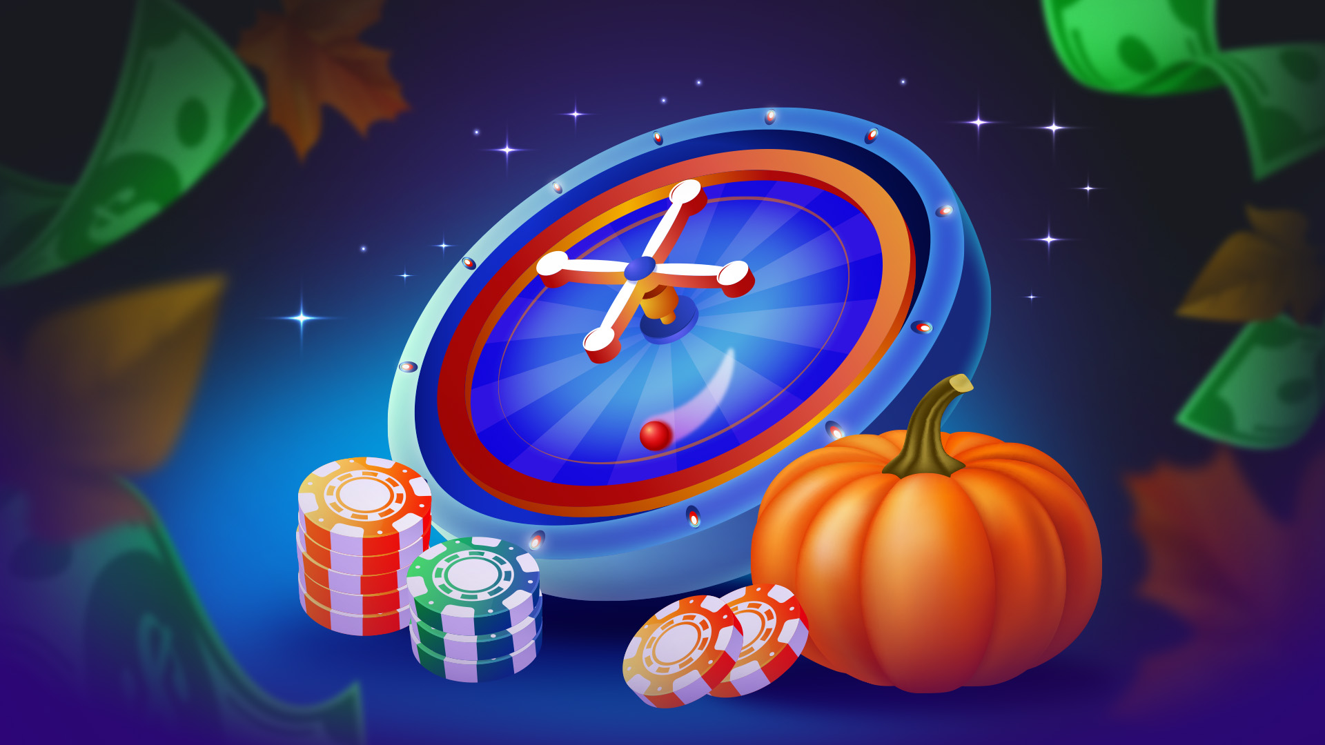 A casino roulette and poker chips surrounded by fall details