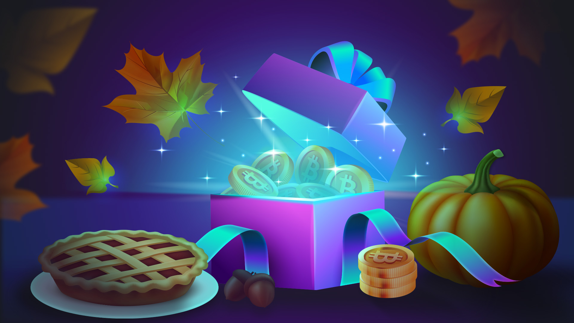 a suprize box full of coins next to autumn details