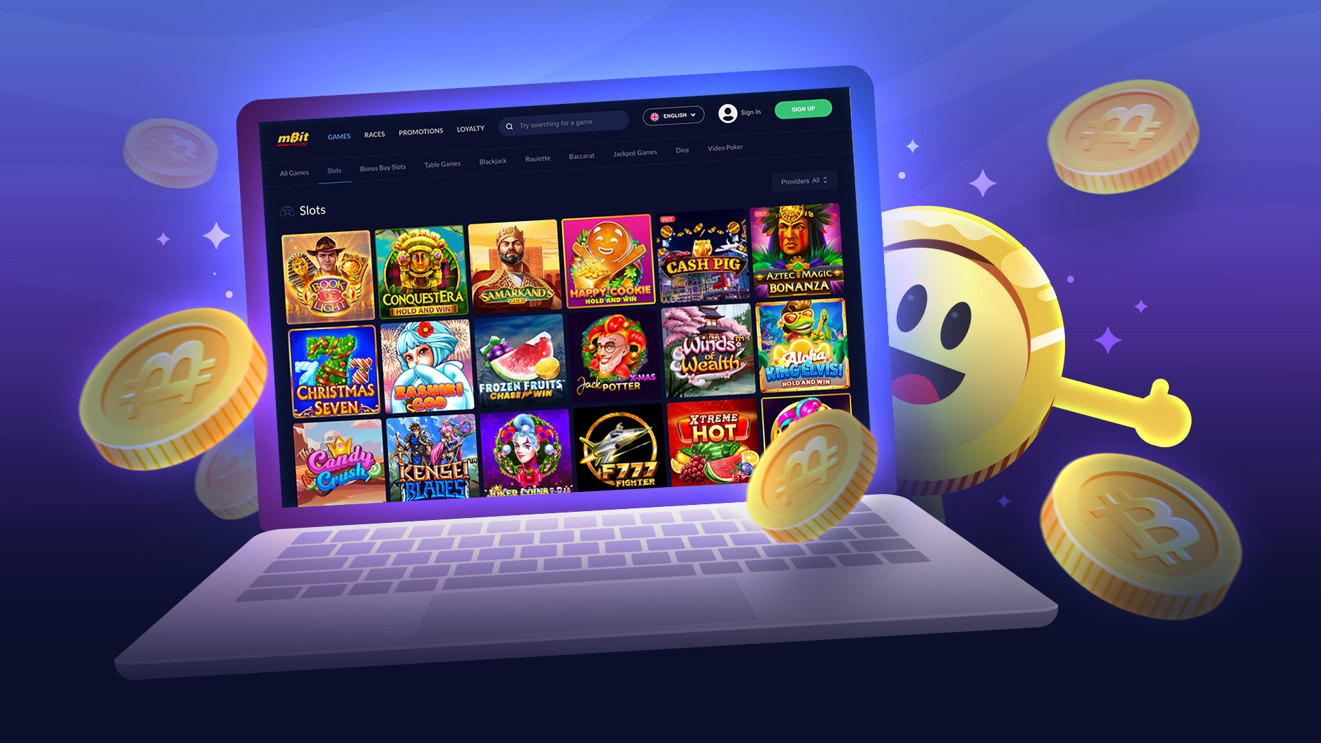 A laptop showcasing multiple online games with a cartoon coin mascot surrounded by golden coins, symbolizing gaming rewards.