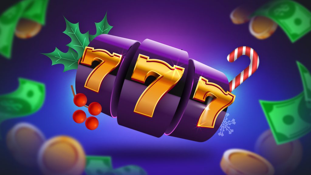 slot reel showing 777 on a Christmas background
