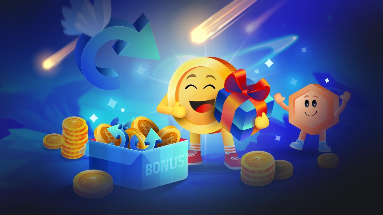 A coin cartoon character happily unboxing a present with many bitcoins