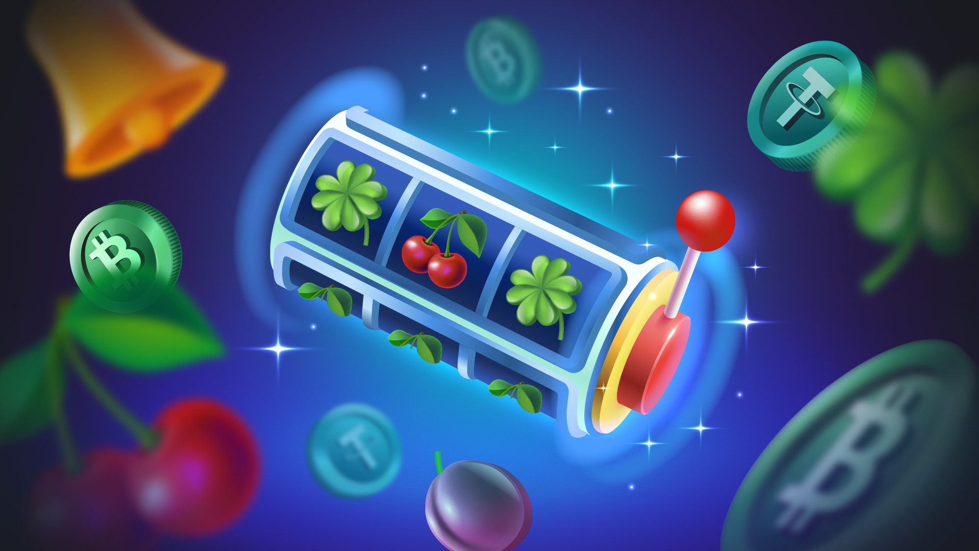 Slot machine reel displaying classic casino symbols with gold coins floating around it.