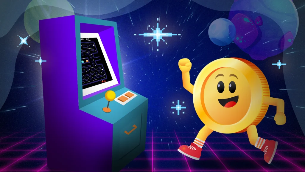 a coin mascot heading towards a retro gaming arcade machine