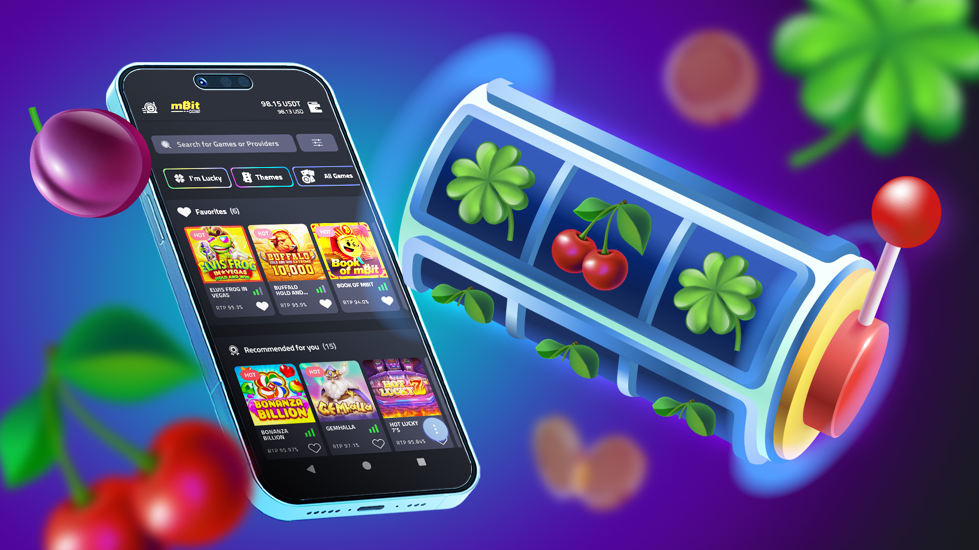 Smartphone displaying colorful online casino games beside a traditional slot machine reel featuring “Lucky” text and bright cherry symbols.