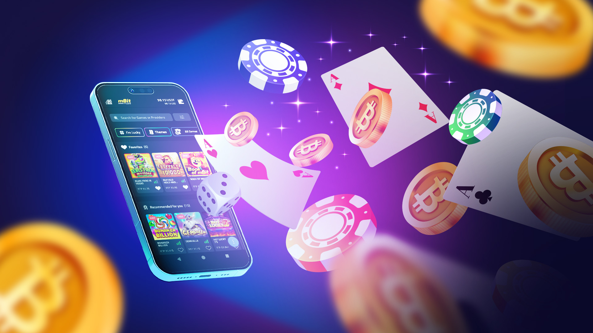 A smartphone displays a grid of gaming icons while dice, poker chips, and Bitcoin symbols burst outward from the screen.